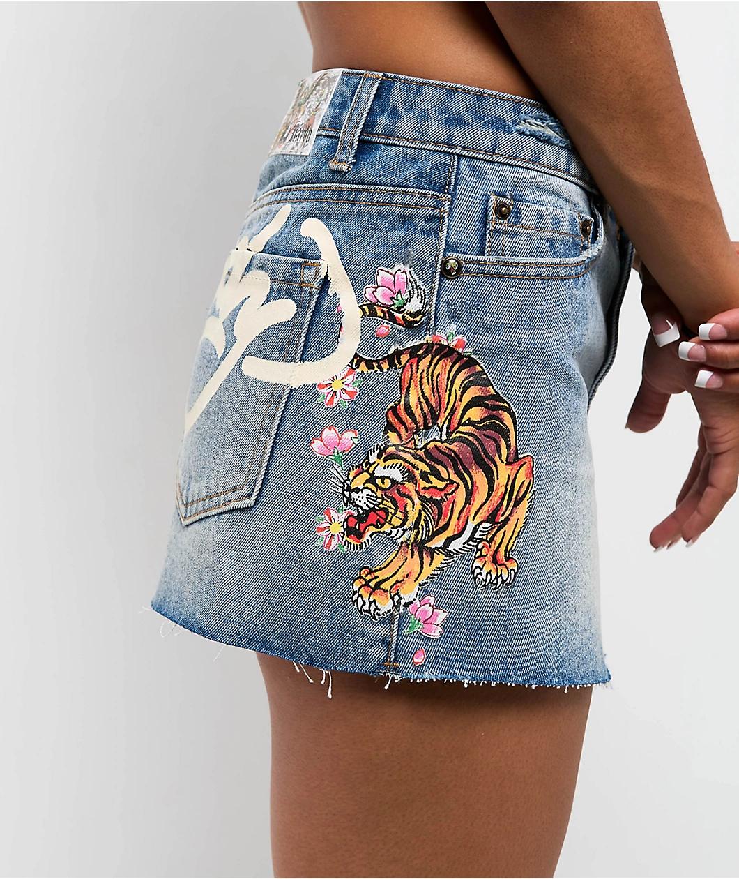 Ed Hardy Tiger Flowers Medium Wash Denim Skirt Product Image
