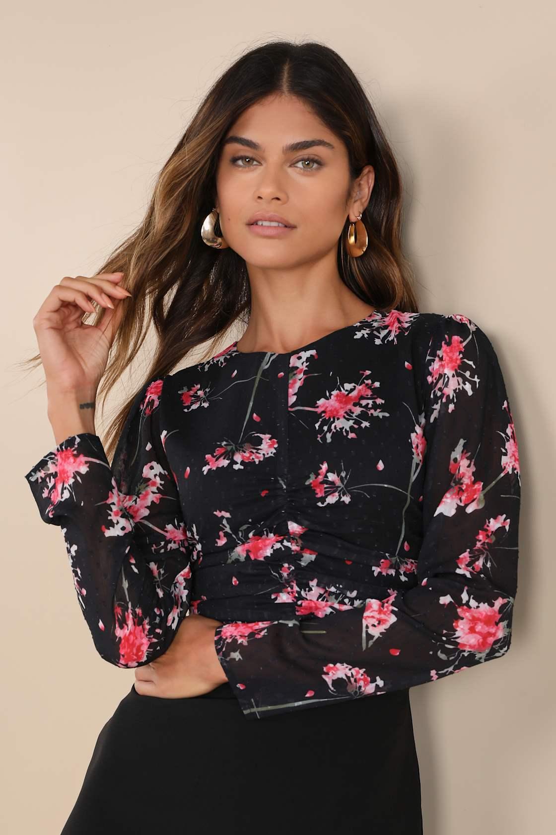 Covetable Pick Black Floral Textured Ruched Long Sleeve Top Product Image