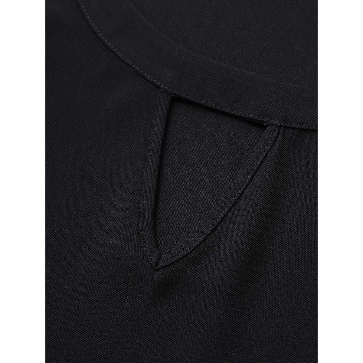 Plus Size Black Solid Cut Out Ruffles Button Detail Blouse Women Work From Home Short sleeve Round Neck Work Blouses BloomChic 22-24/3X Product Image