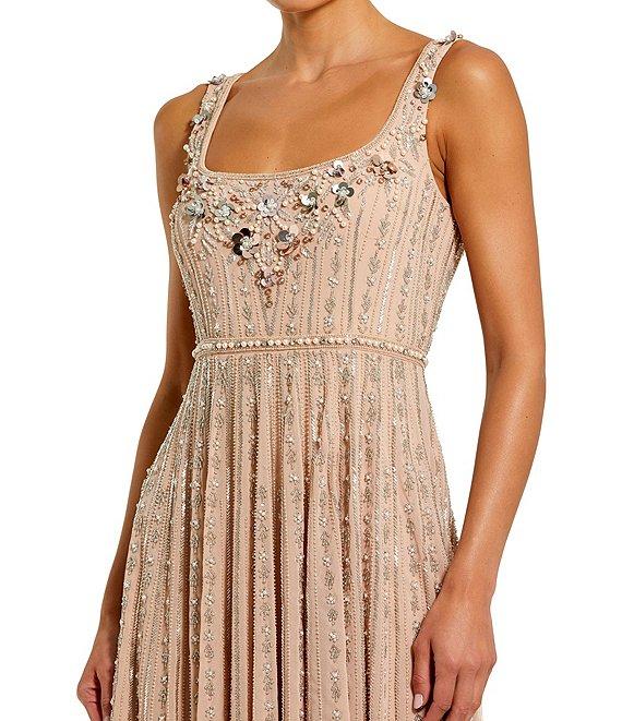 Mac Duggal Sleeveless Square Neck Embellished Mesh A-Line Dress Product Image