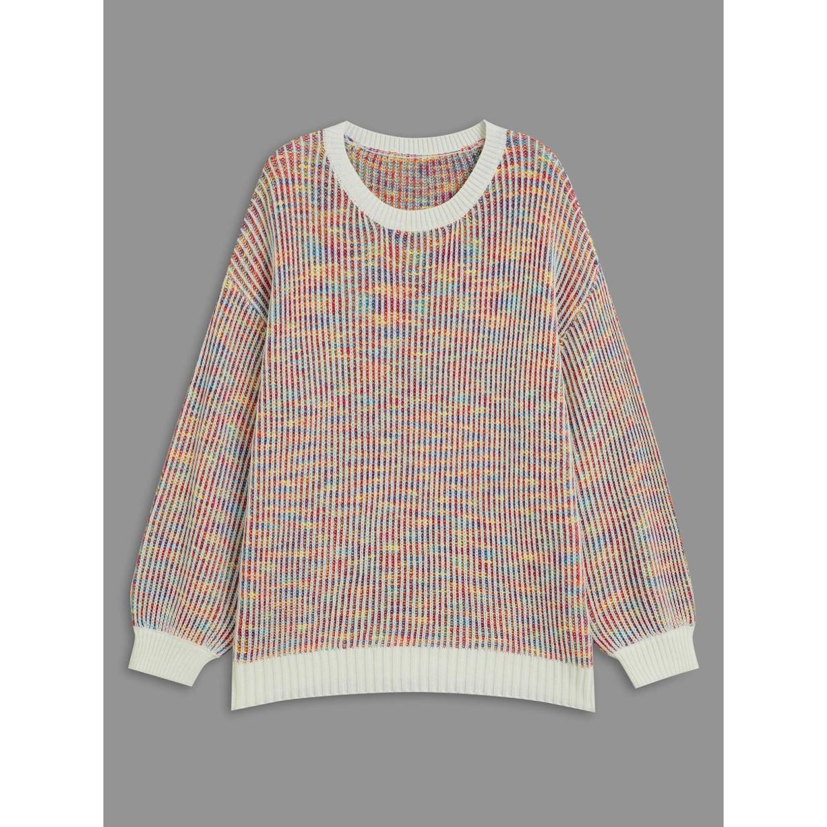 Plus Size Round Neck Texture Contrast Heather Pullover Beige Women Casual Loose Long Sleeve Round Neck Everyday Pullovers BloomChic 28/5X Product Image