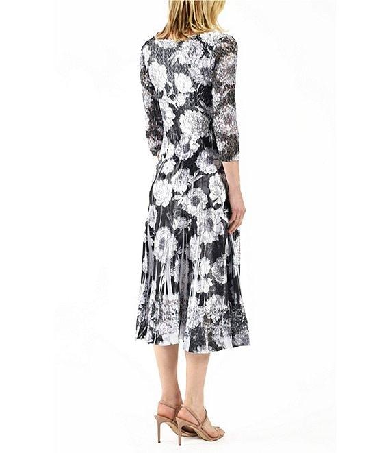 Komarov Charmeuse Floral Lace V-Neck 3/4 Sleeve Pleated Midi Dress Product Image