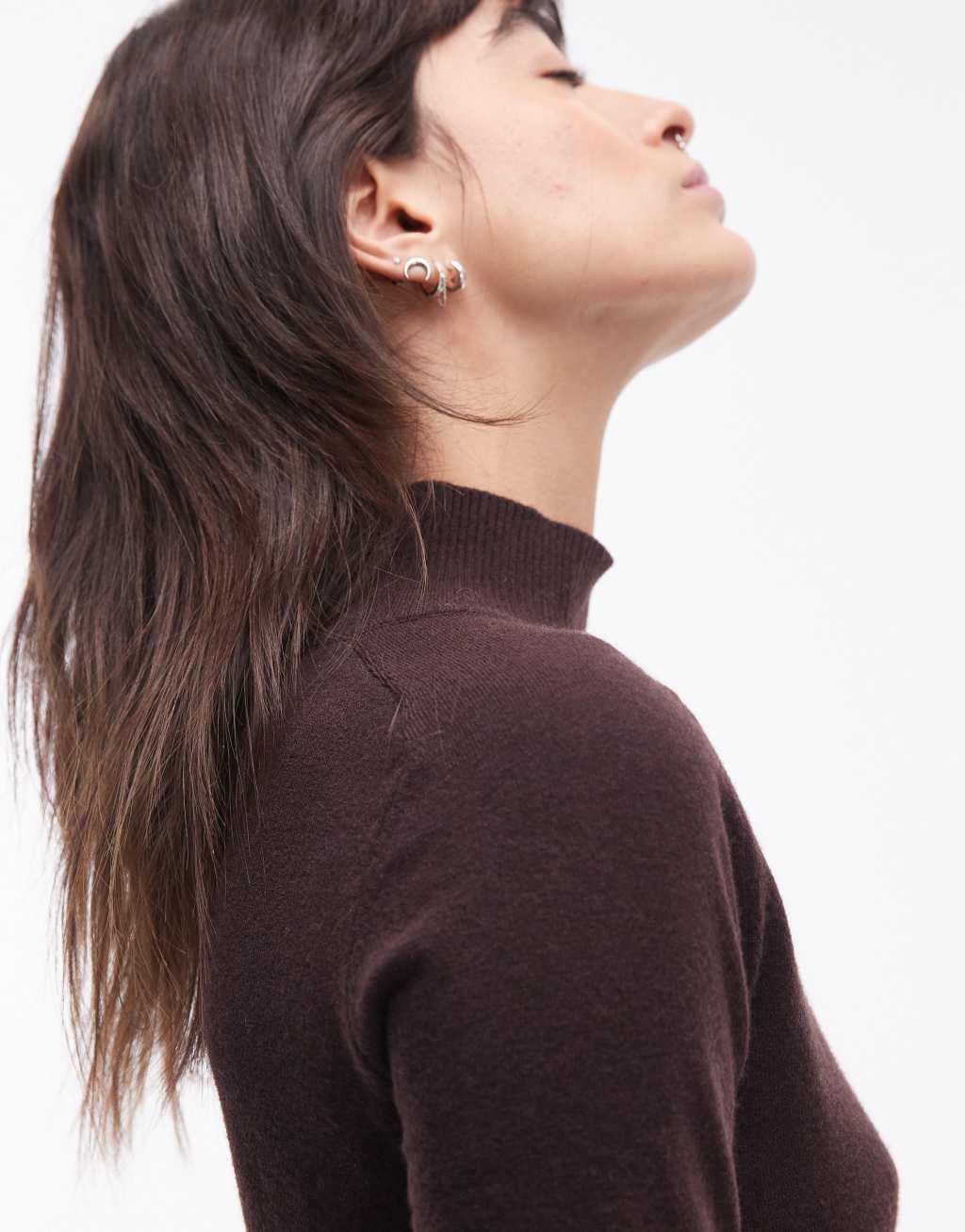 Mango short sleeve wool mix knit top in dark brown Product Image