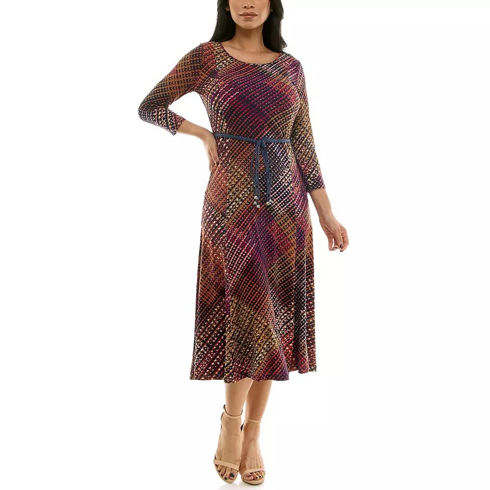 Women's Nina Leonard Sylvia Three-Quarter Sleeve Belted Midi Dress,  Product Image