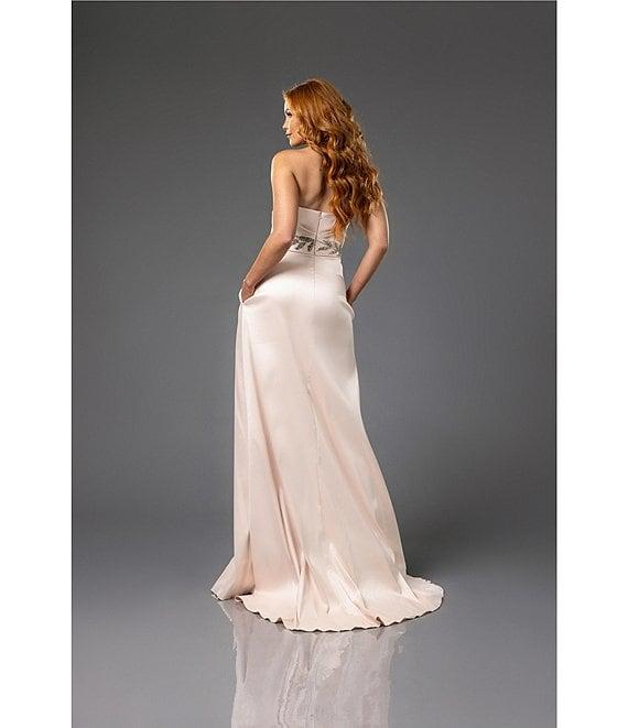 Terani Couture Strapless Ruched Satin Beaded Leaf A-Line Gown Product Image