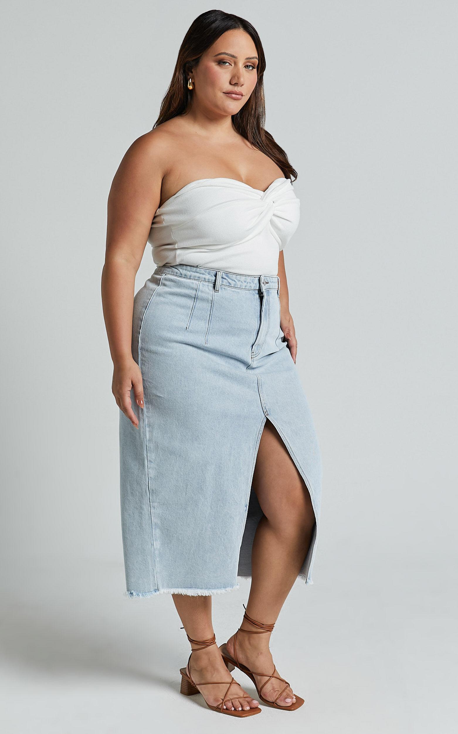 Janeve Midi Skirt - Front Split Denim Skirt in MID WASH Product Image