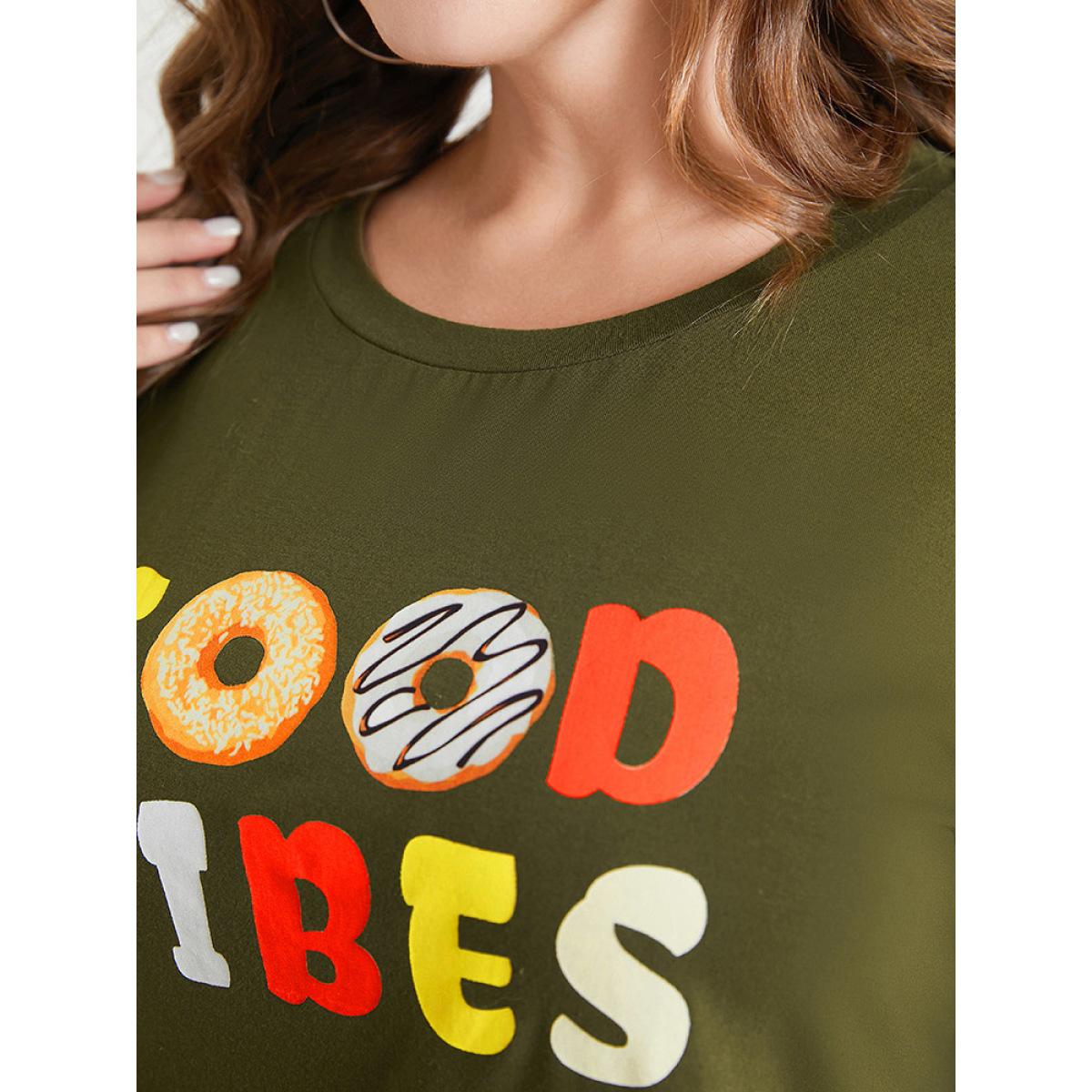 Plus Size Donut & Letter Print Round Neck Graphic Tee ArmyGreen Women Casual Art&design Dailywear T-shirts BloomChic 26/4X Product Image