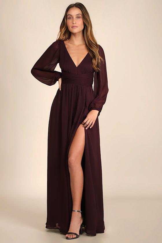 Enchant My Love Dark Purple V-Neck Long Sleeve Maxi Dress Product Image