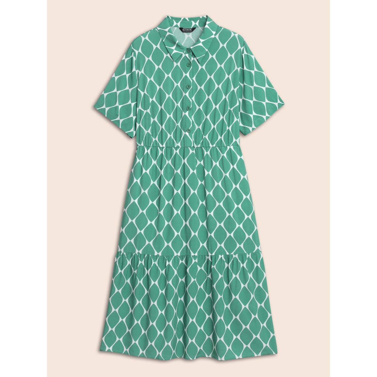 Plus Size Geometric Tiered Elastic Waist Midi Shirt Dress Malachitegreen Women Casual Gathered Shirt collar Short sleeve Curvy BloomChic 14-16/1X Product Image