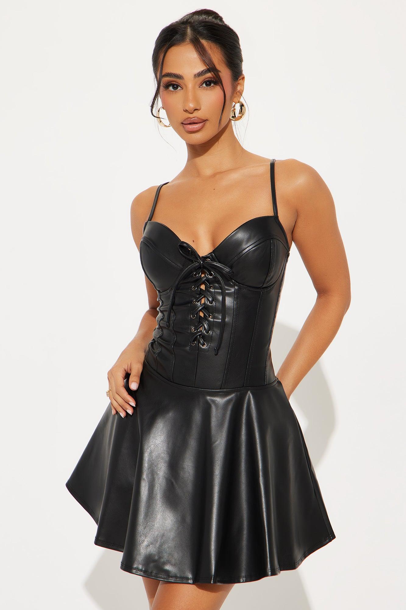 Sabrina Faux Leather Mini Dress - Black Product Image