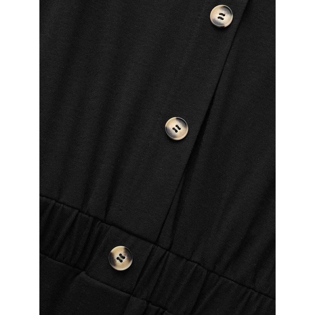 Plus Size Supersoft Essentials Contrast Button Detail Shirred Pocket Dress Black Women Casual Plain V-neck Short sleeve Curvy Midi Dress BloomChic 30/6X Product Image