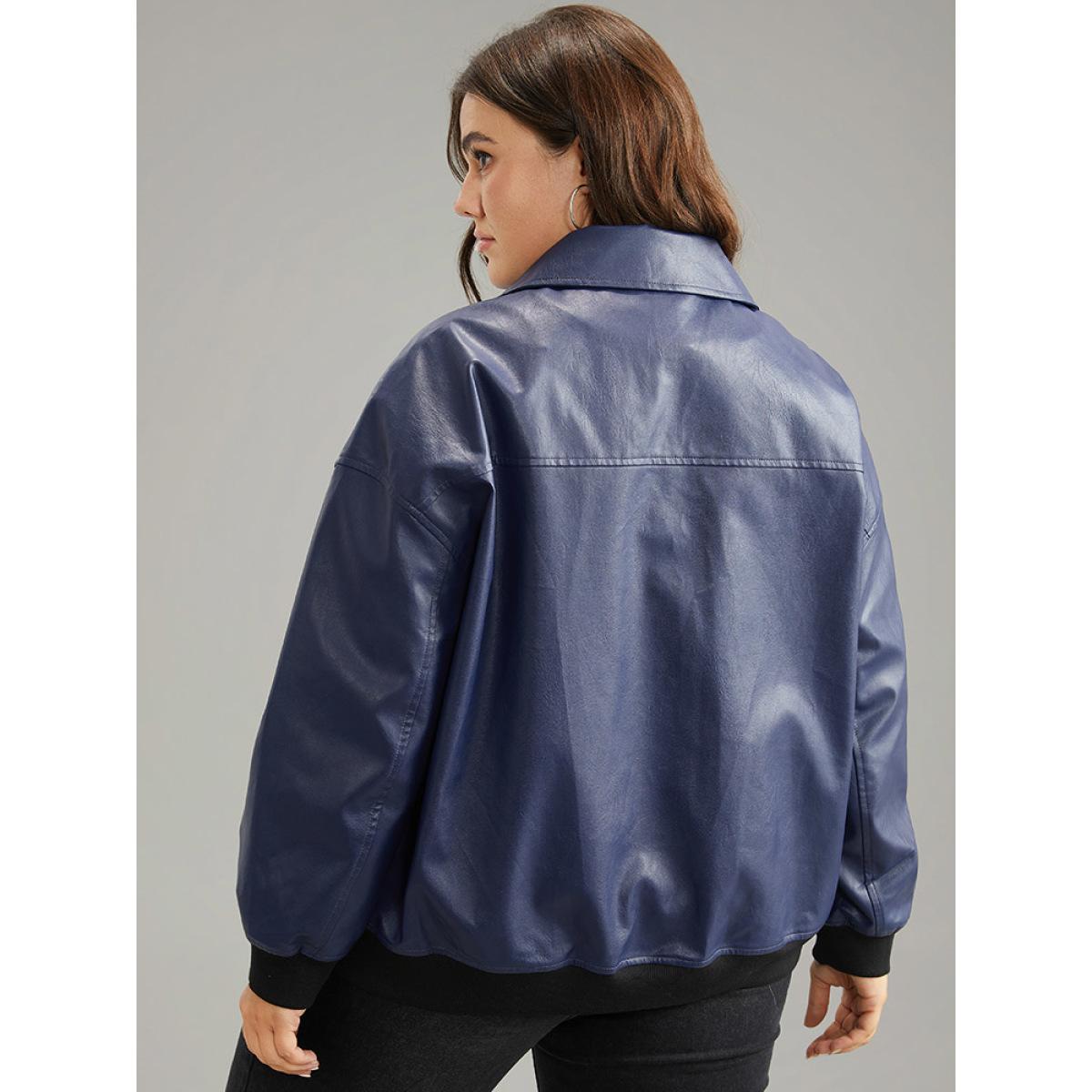 Plus Size PU Patchwork Pocket Button Through Jacket Women Indigo Elastic cuffs Dailywear Jackets BloomChic 14-16/1X Product Image