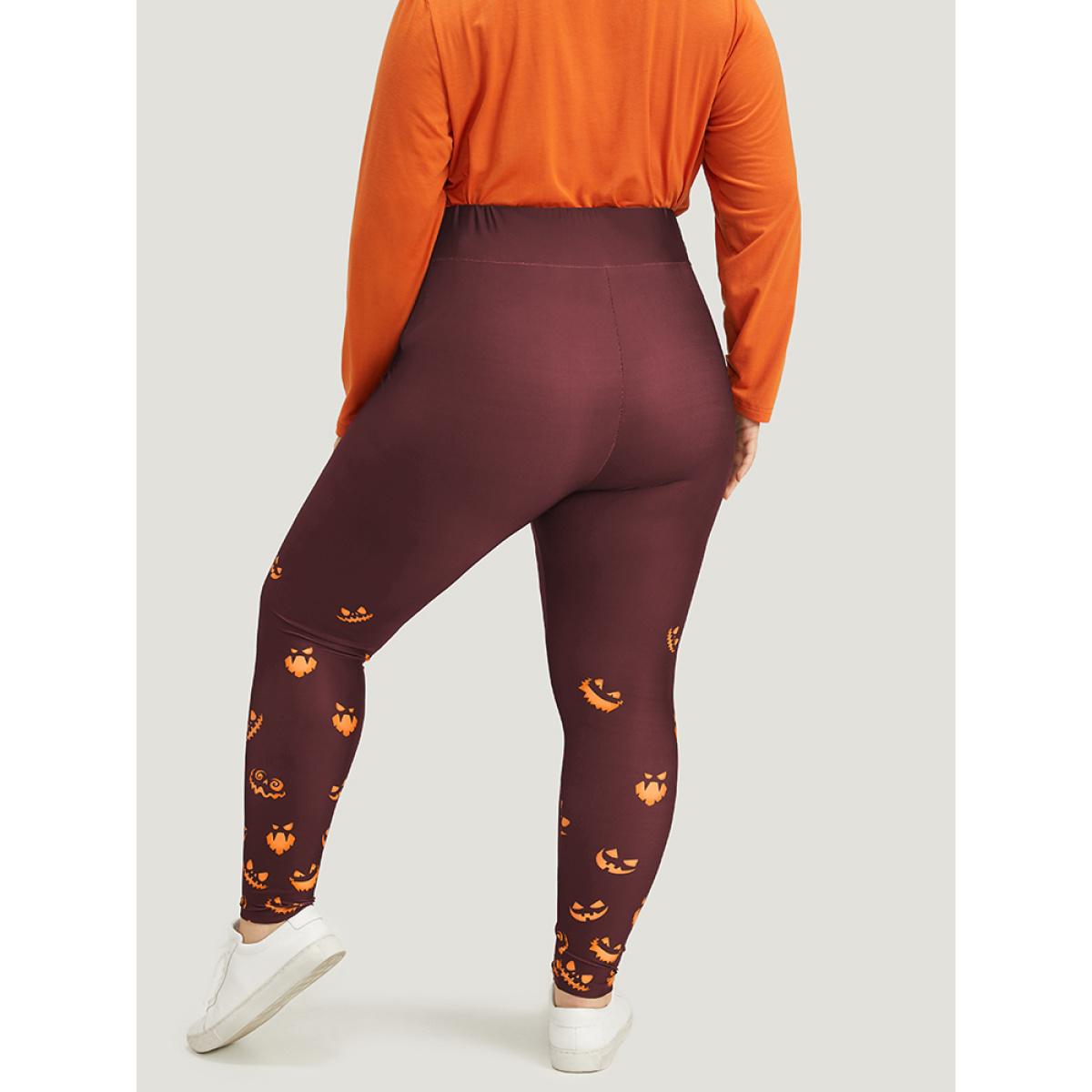 Plus Size Halloween Pumpkin Print Wideband Waist Leggings Women Burgundy Casual High stretch Skinny High Rise Festival-Halloween Leggings BloomChic 14-16/1X Product Image