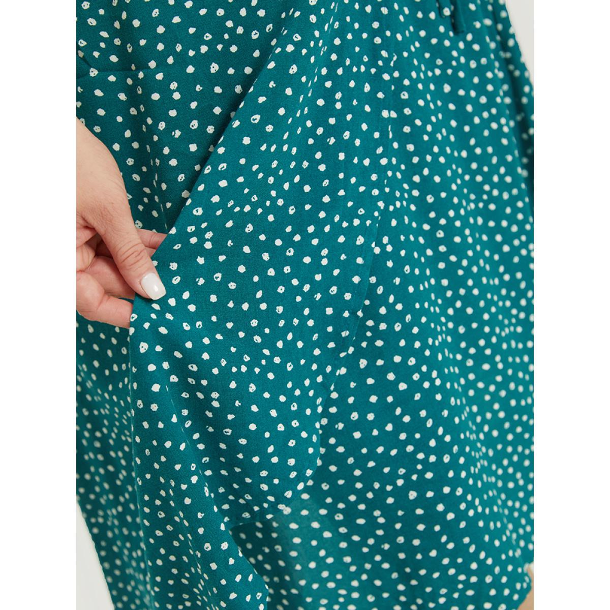 Plus Size Polka Dot Ties Wrap Hem Ruffle Cap Sleeve Dress Emerald Women Elegant Cross straps V-neck Cap Sleeve Curvy Knee Dress BloomChic 14-16/1X Product Image