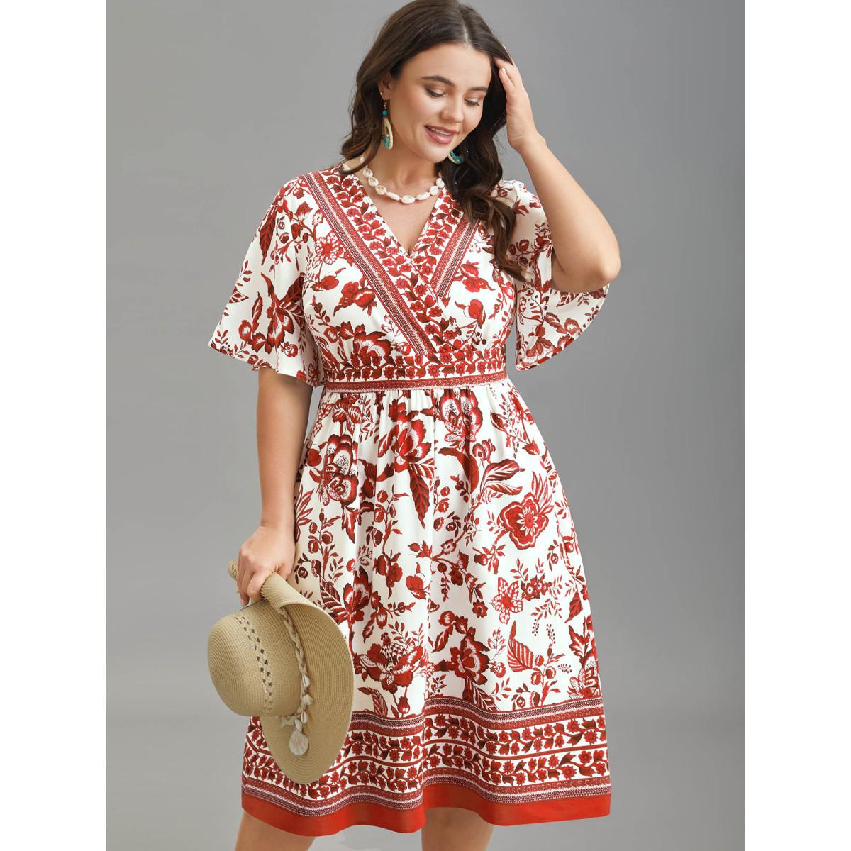 Plus Size Floral Print Wrap-Neck Pocket Midi Dress Rust Women Resort Non Overlap Collar Short sleeve Curvy BloomChic 30/6X Product Image