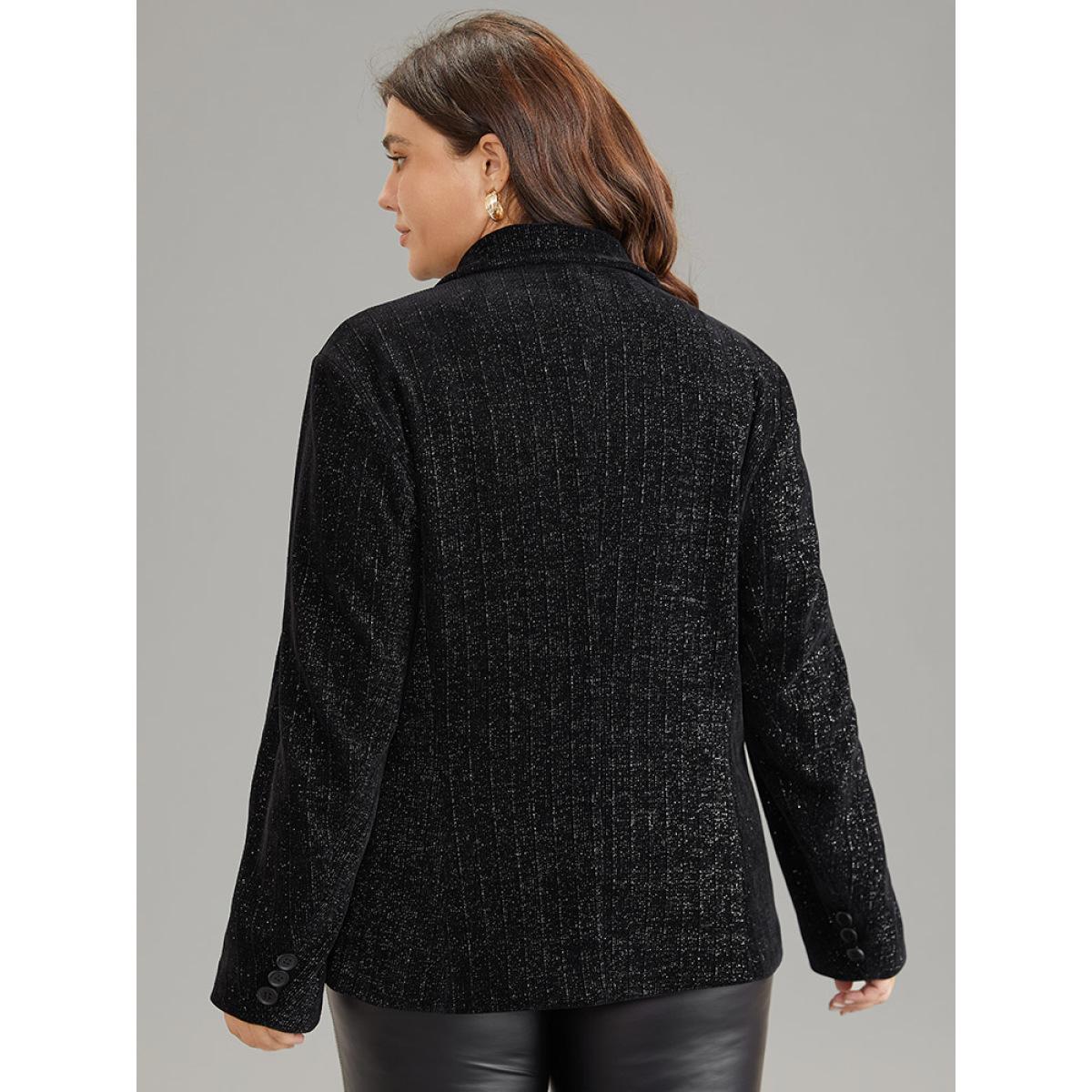 Plus Size Lurex Double Breasted Patched Pocket Blazer Black Women Dailywear Plain Velvet Sleeve Long Sleeve Suit Collar 14-16/1X Pocket Glamour Blazers BloomChic Product Image