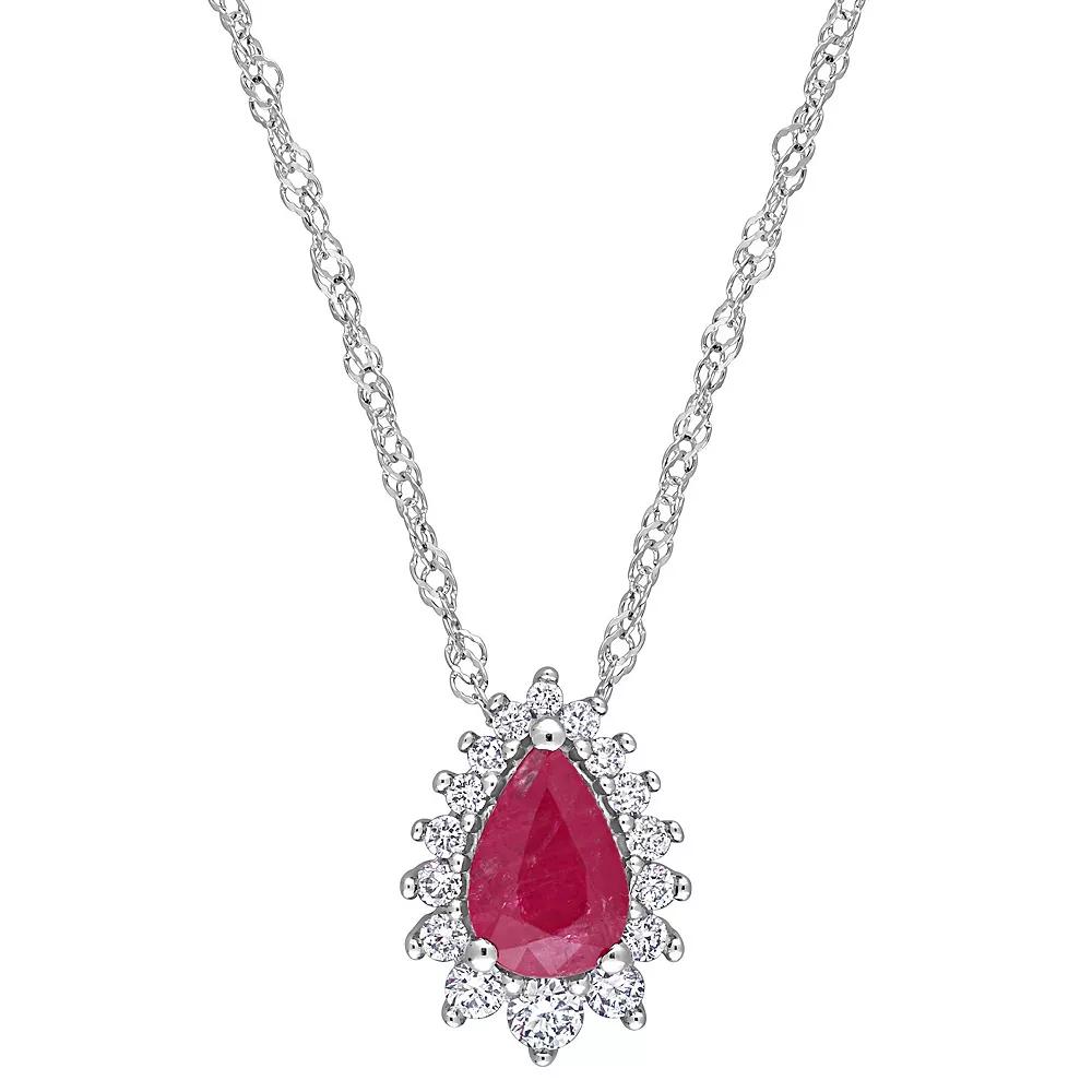Stella Grace 14k White Gold Ruby & 1/8 Carat T.W. Diamond Teardrop Pendant Necklace, Women's,  Product Image