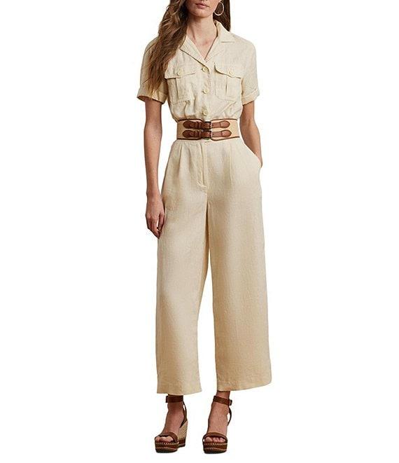 Lauren Ralph Lauren Linen Notch Collar Short Sleeve Embroidered Wide-Leg Jumpsuit Product Image
