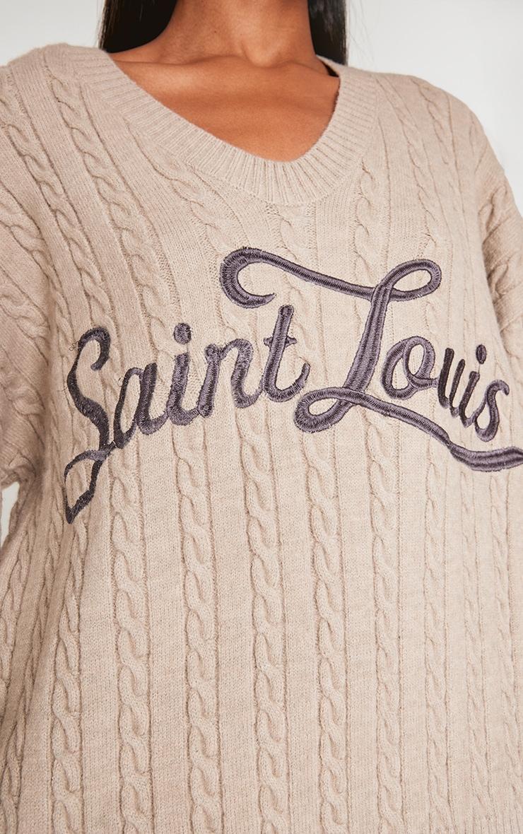 Mocha Cable Knit Embroidered V Neck Sweater Product Image