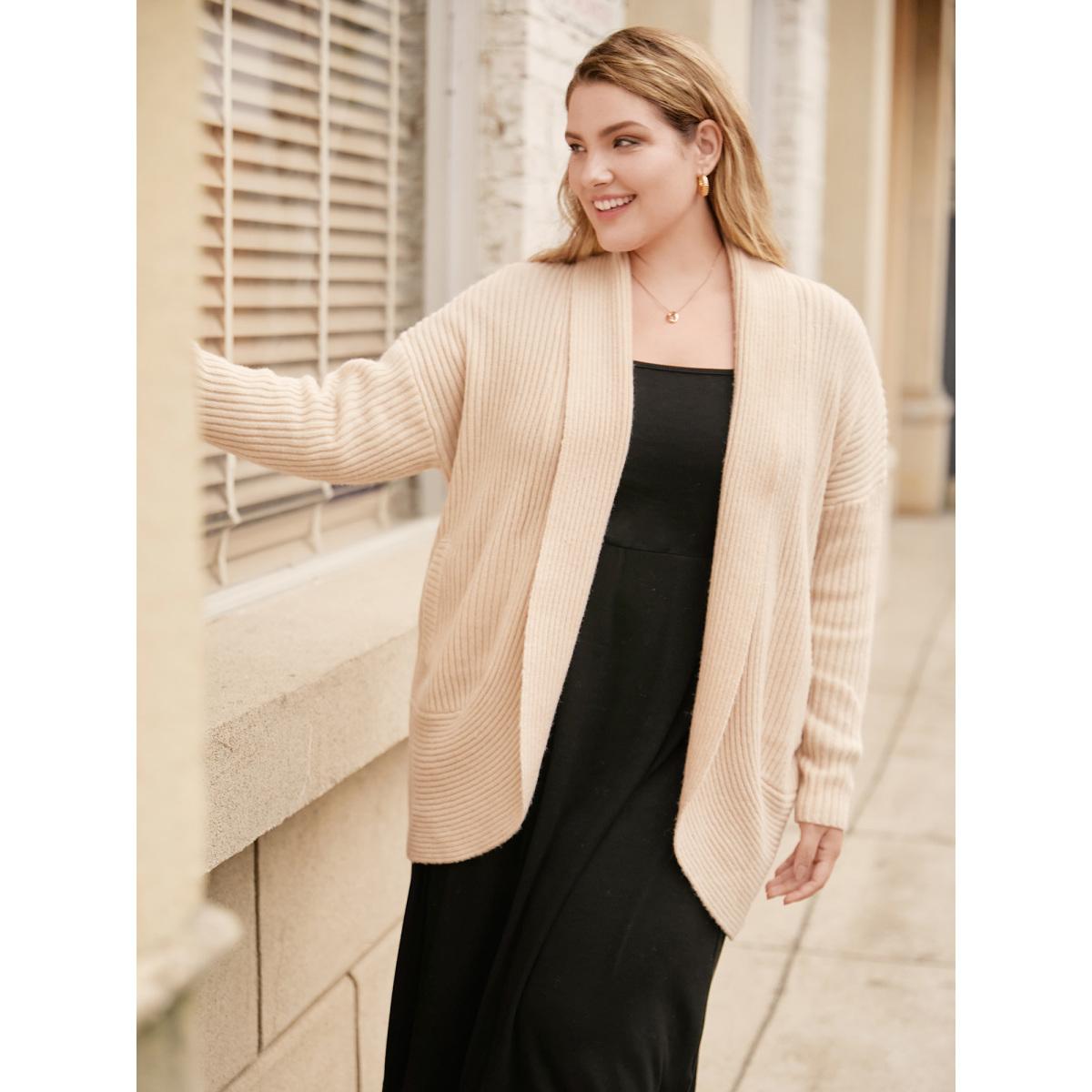 Plus Size Airy Cozy Shawl Collar Open Cardigan LightBrown Women Basics Loose Long Sleeve Everyday Cardigans BloomChic 10/M Product Image