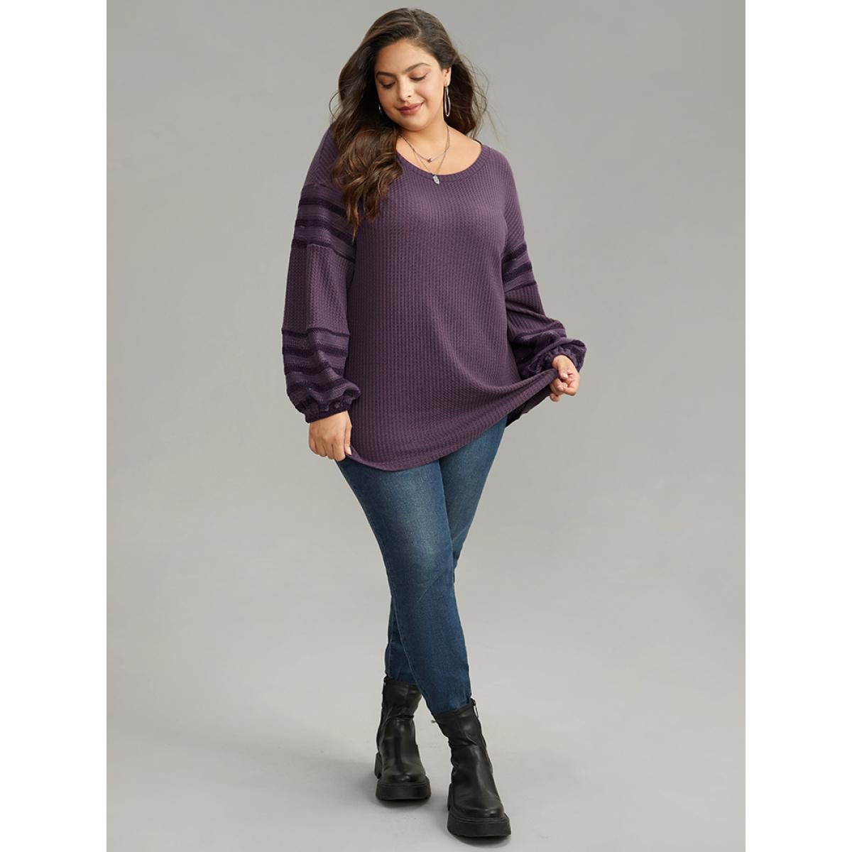 Plus Size Plain Texture Patchwork Hollow Out T-shirt Mauve Women Casual Elastic cuffs Plain Round Neck Dailywear T-shirts BloomChic 28/5X Product Image