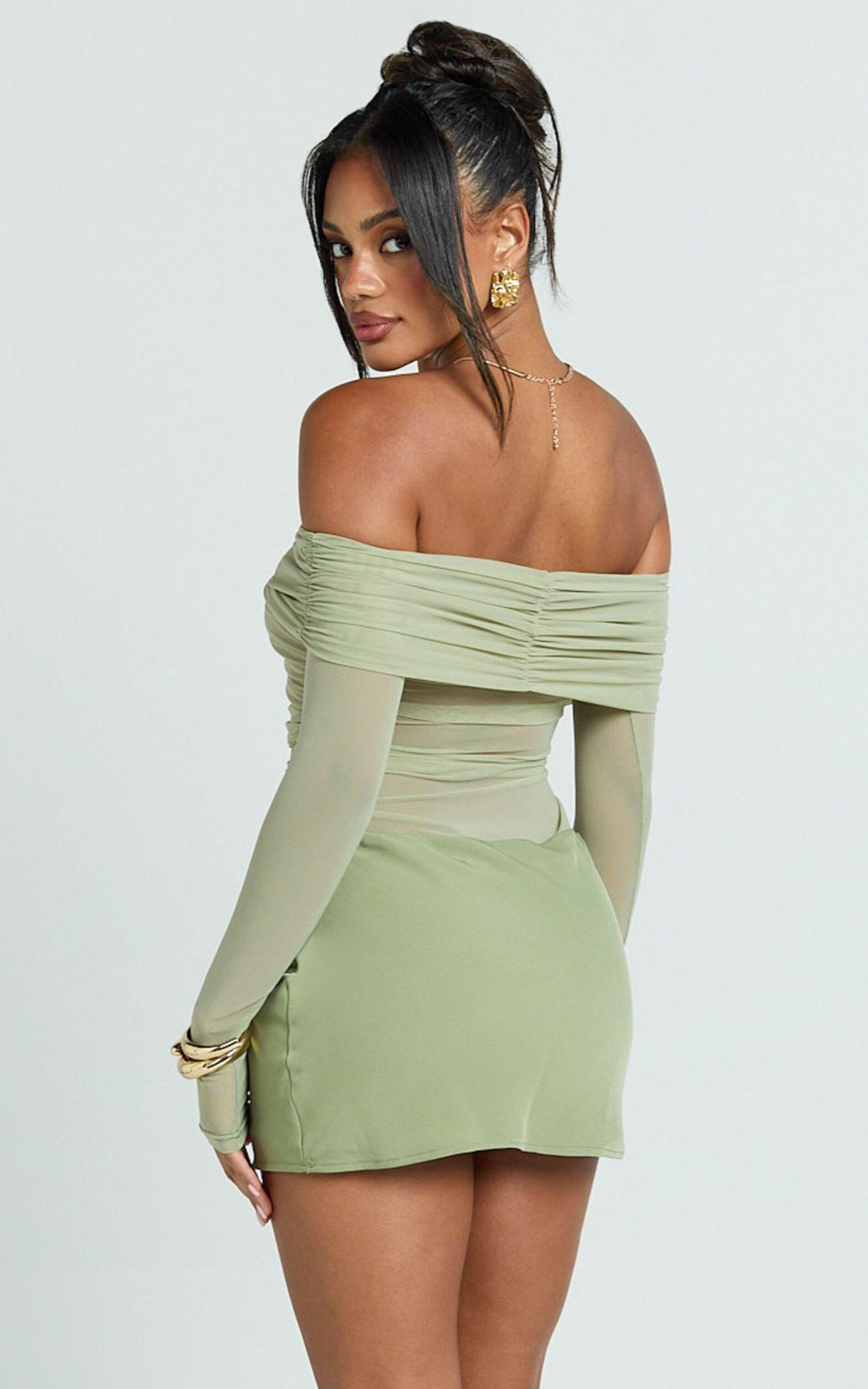 Jade Mini Dress - Long Sleeve Off Shoulder Draped Bias Cut Dress in Sage Product Image