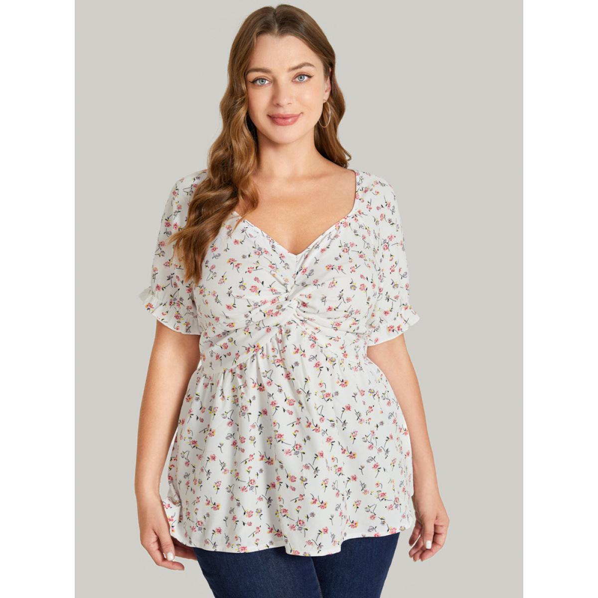 Plus Size White Ditsy Floral Twist Front Puff Sleeve Blouse Women Elegant Short sleeve V-neck Dailywear Blouses BloomChic 14-16/1X Product Image