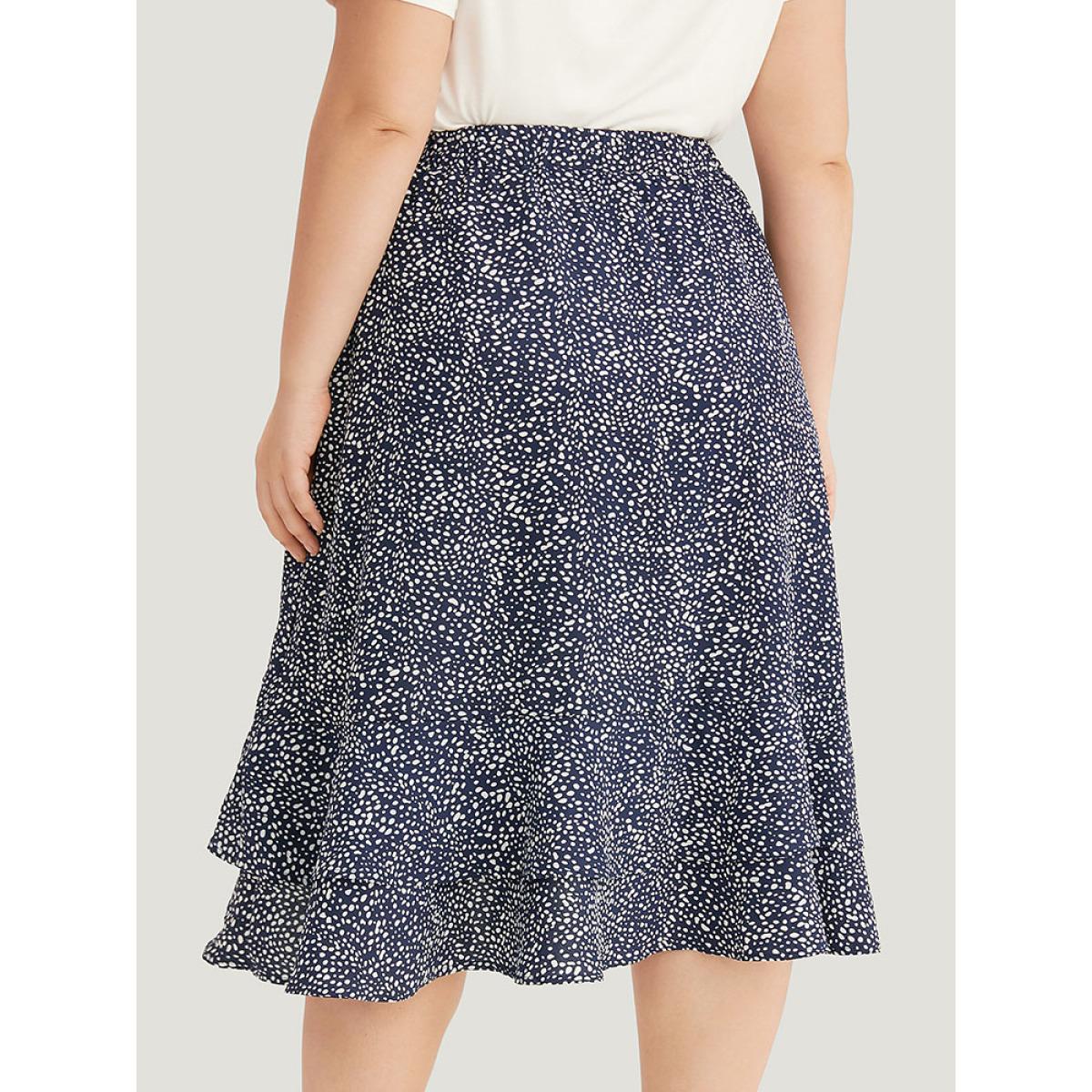 Plus Size Allover Print Pocket Ruffle Layered Hem Skirt Women Indigo Elegant Elastic Waist No stretch Pocket Dailywear Skirts BloomChic 30/6X Product Image