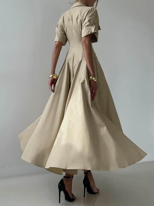 Short Sleeves Buttoned Solid Color Lapel Maxi Dresses Shirt Dress Product Image