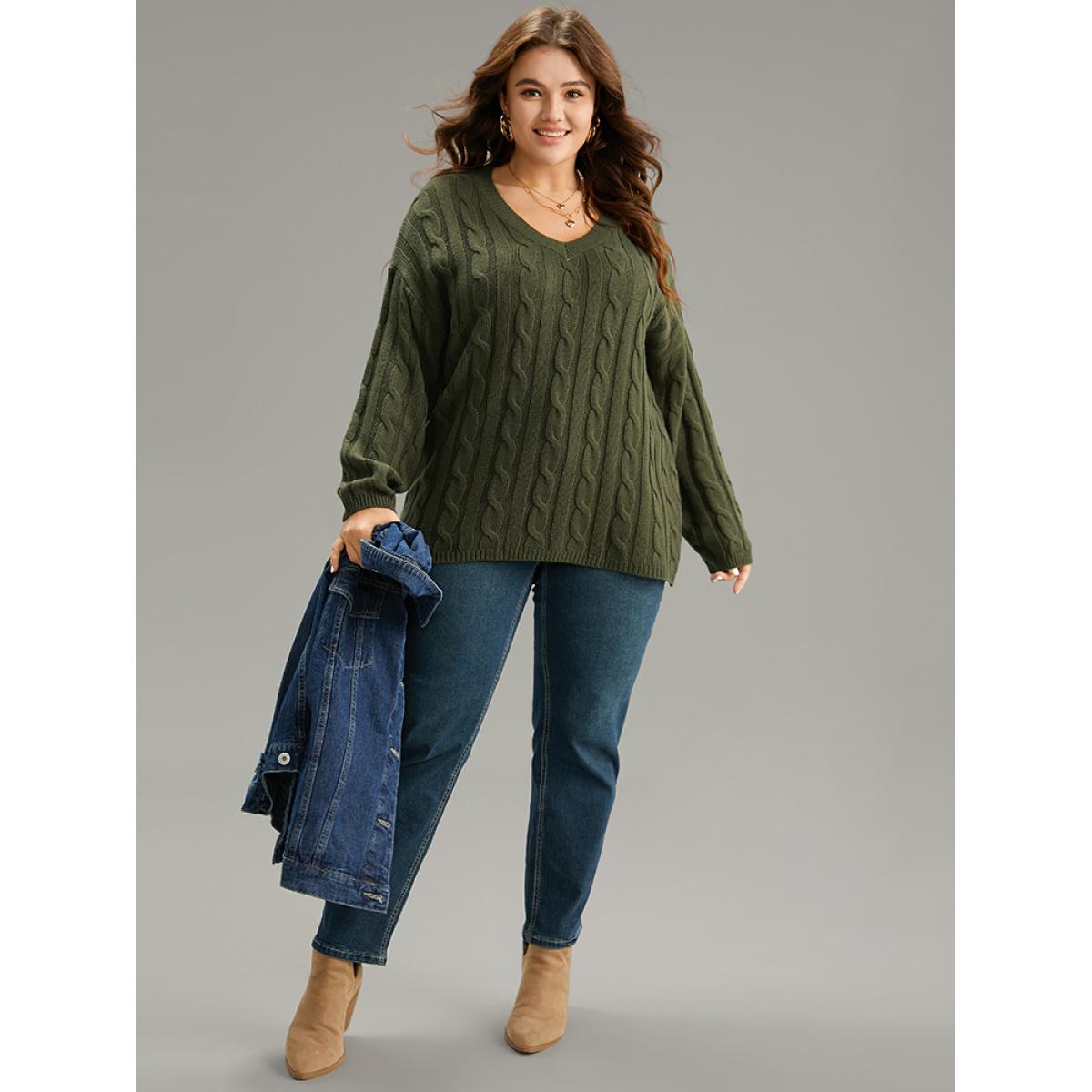 Plus Size Drop Shoulder Cable Knit Solid Pullover ArmyGreen Women Casual Loose Long Sleeve V-neck Everyday Pullovers BloomChic 26/4X Product Image