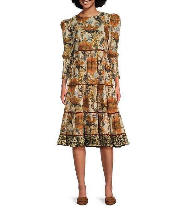 Ro's Garden Robin Floral Print Round Neck 3/4#double; Puff Sleeve Smocked Waist Tiered A-Line Midi Dress Product Image