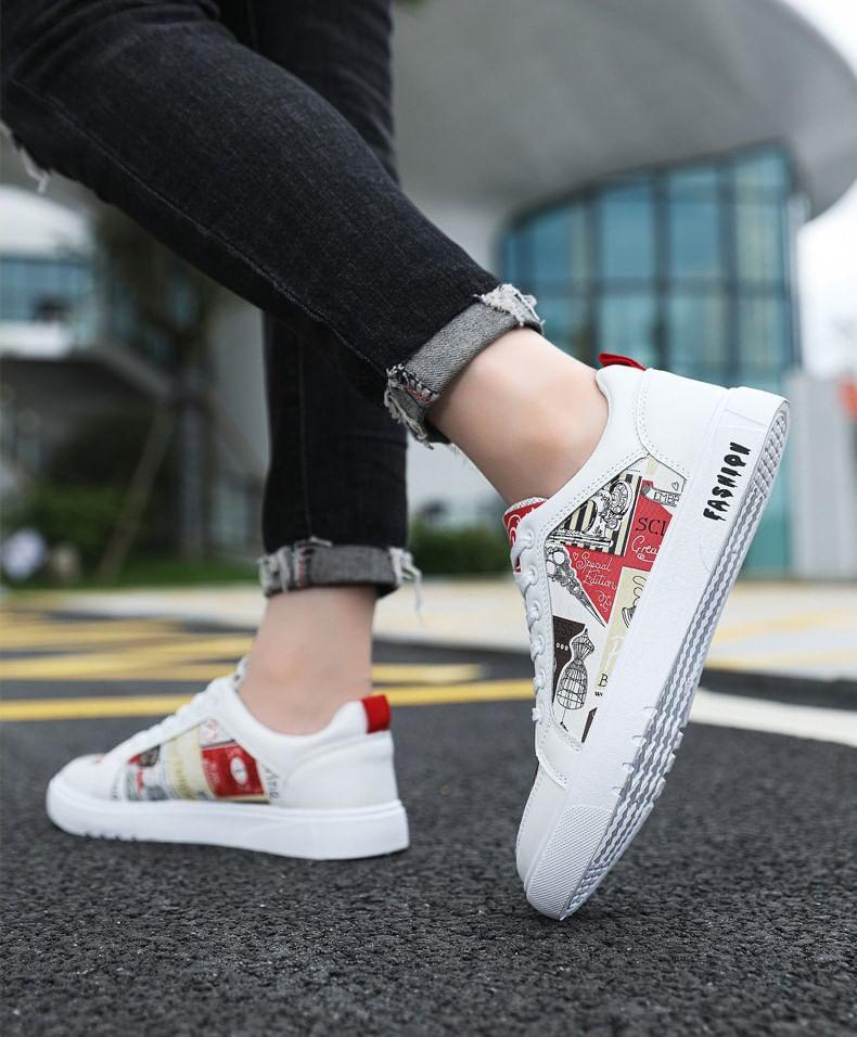 Lettering Print Lace-Up Faux Leather Sneakers Product Image