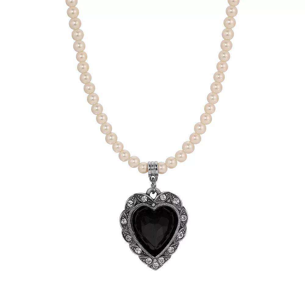1928 Gold Tone Crystal Heart Necklace, Women's, Black Product Image