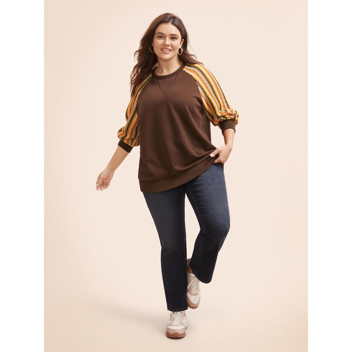 Plus Size Striped Textured Patchwork Raglan Sleeve Sweatshirt Women DarkBrown Casual Texture Round Neck Everyday Sweatshirts BloomChic 14-16/1X Product Image