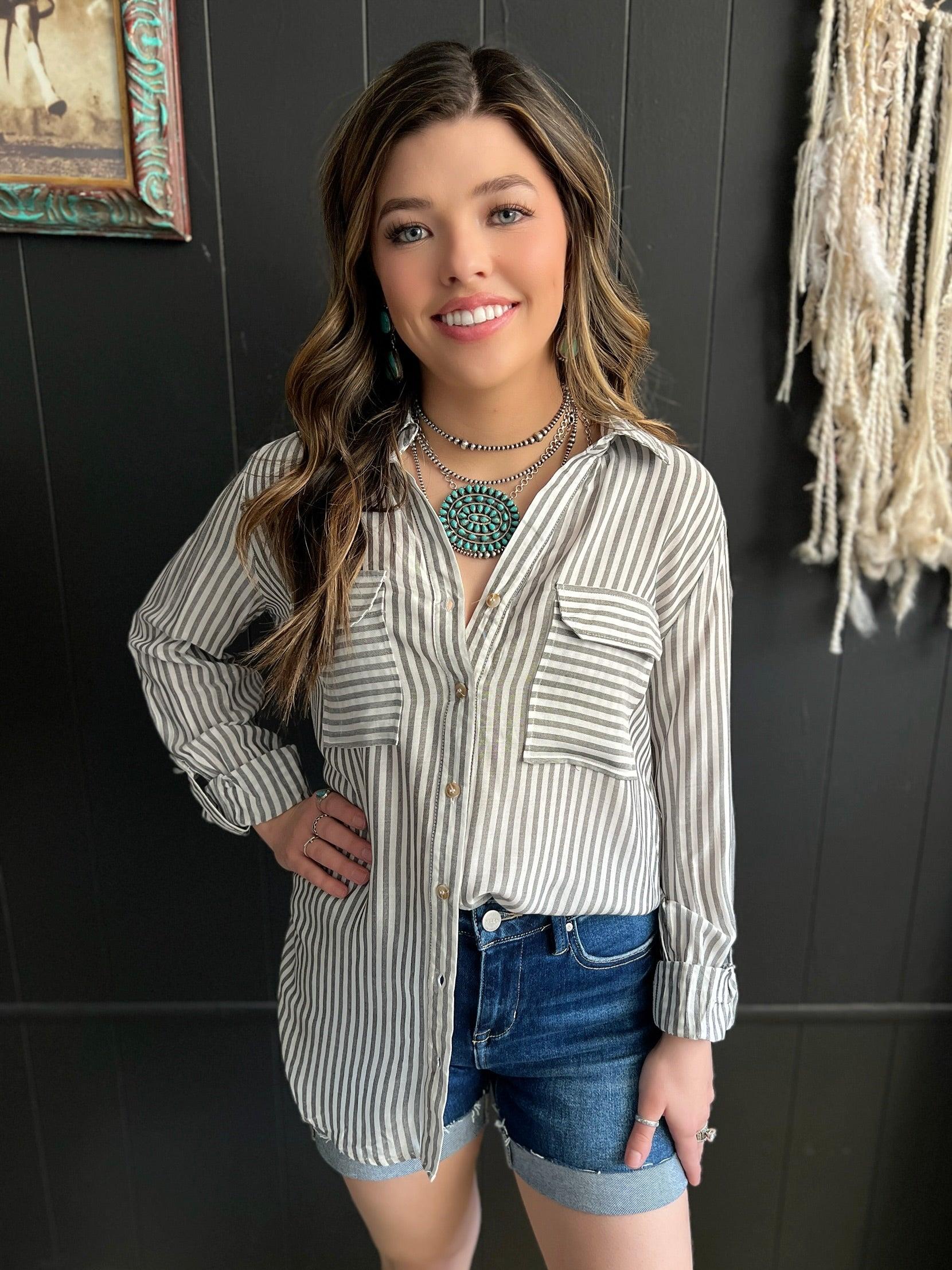 Striped Collared Lightweight Button Down Shirt Product Image