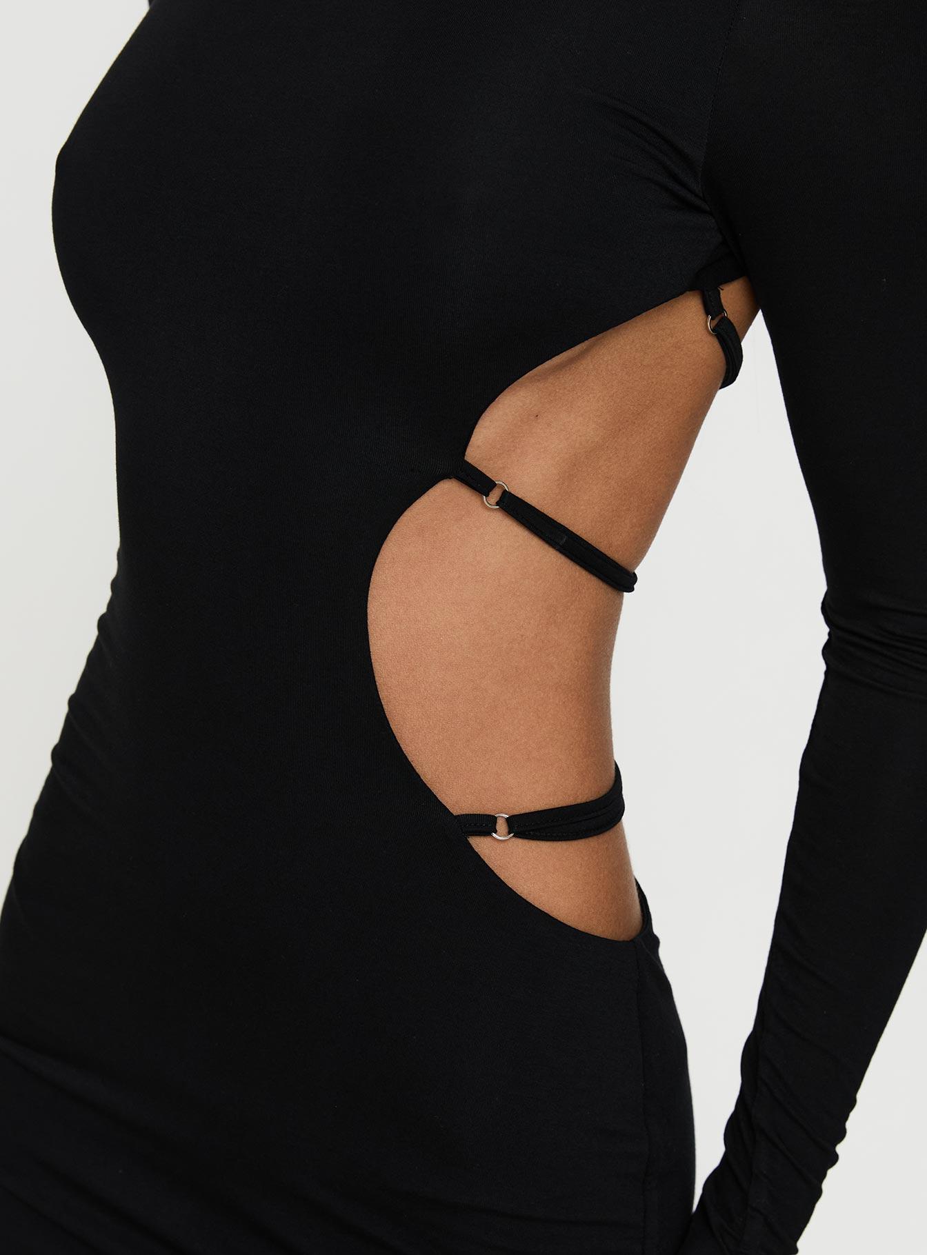 Rowin Long Sleeve Cut Out Mini Dress Black Product Image