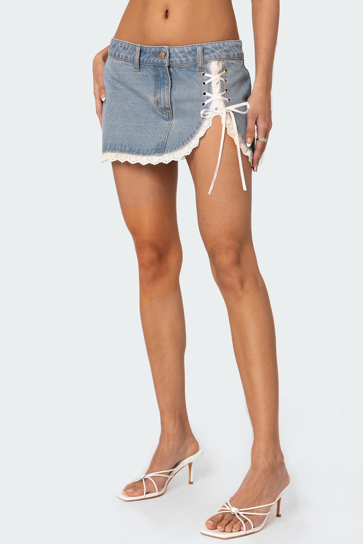 Eyelet Lace Up Denim Mini Skirt Product Image