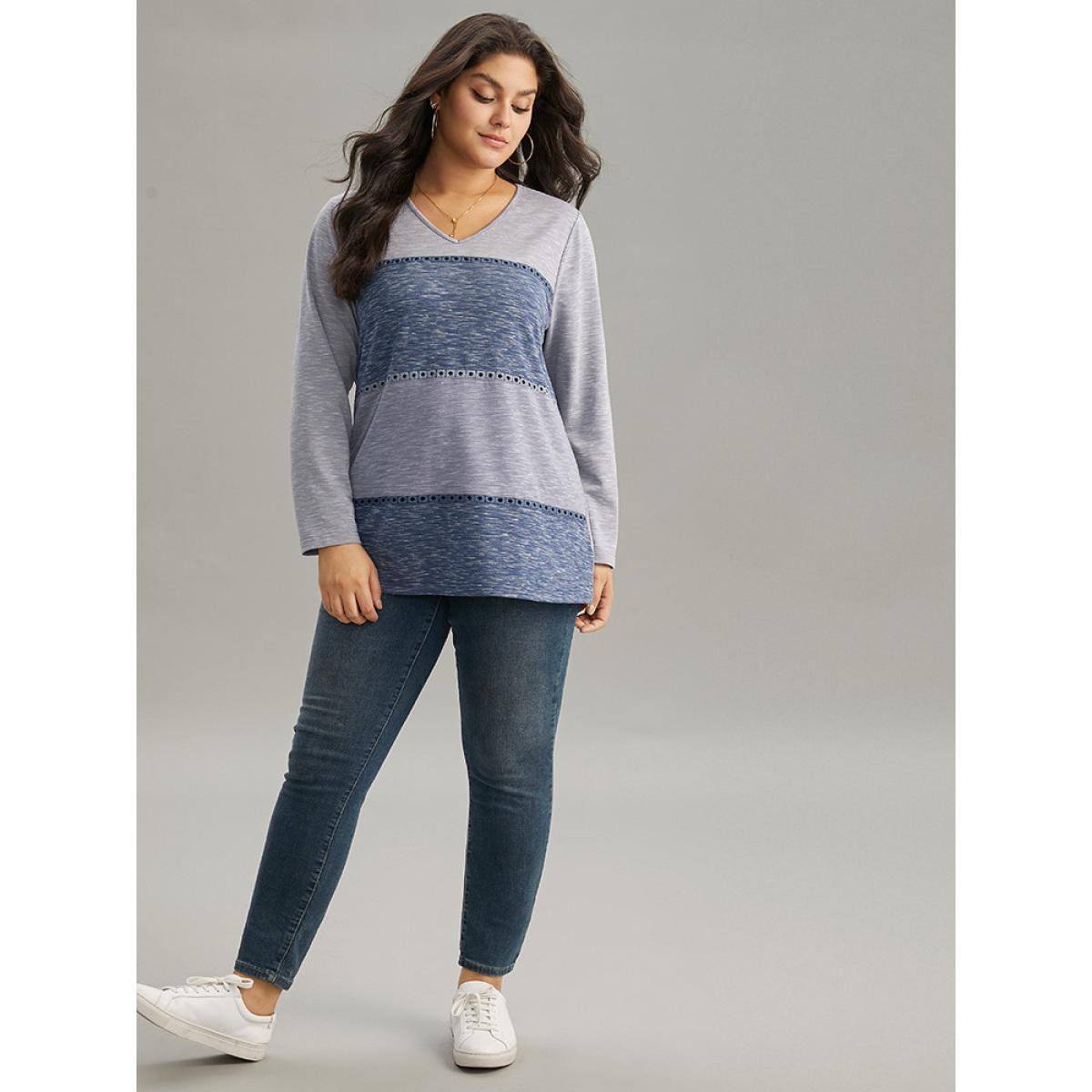 Plus Size Contrast Heather Patchwork Hollow Out Thick T-shirt Multicolor Women Elegant Thick Patchwork V-neck Dailywear T-shirts BloomChic 28/5X Product Image