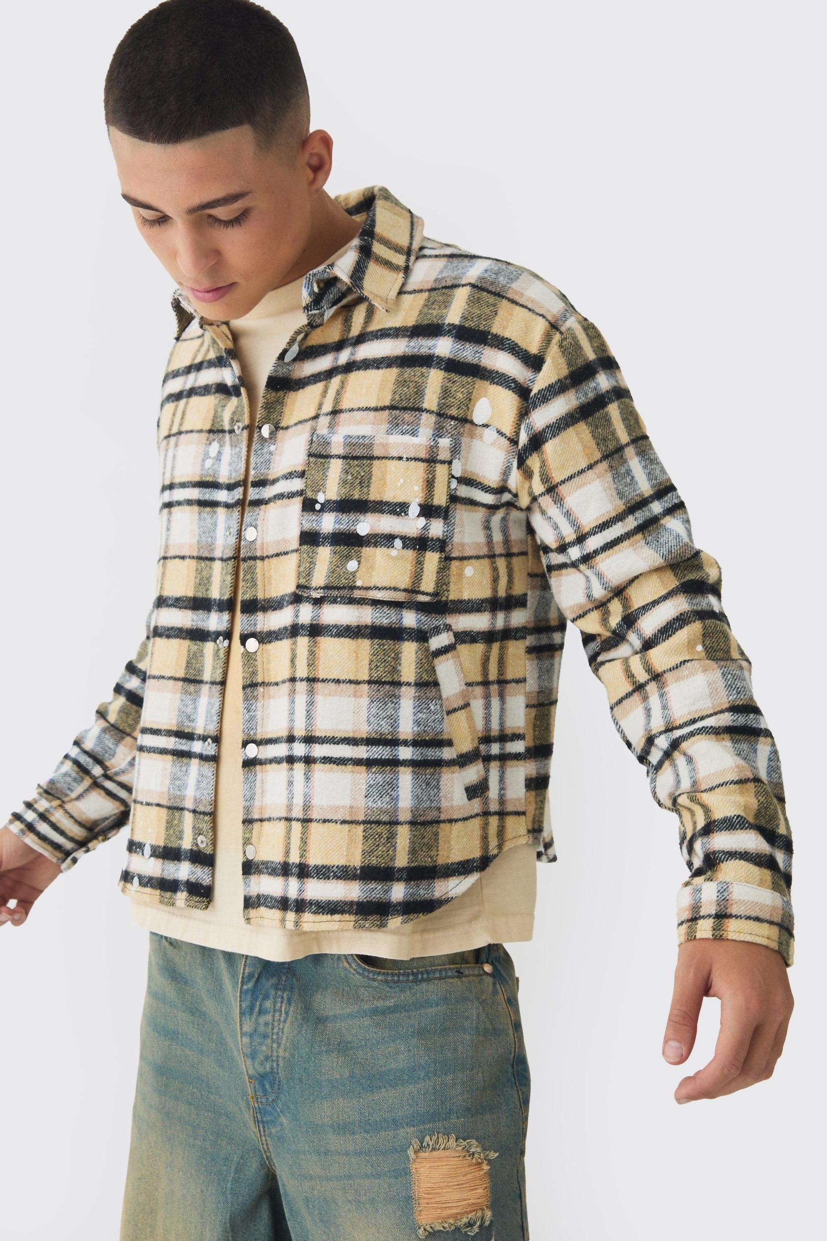 Oversized Boxy Paint Splatter Flannel Shirt | boohooMAN USA Product Image