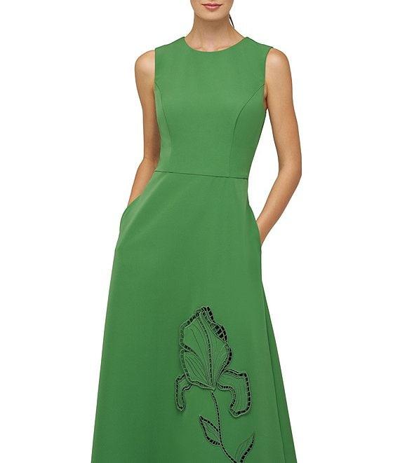 Kay Unger Blossom Stretch Crepe Crew Neck Embellished Midi A-Line Dress Product Image