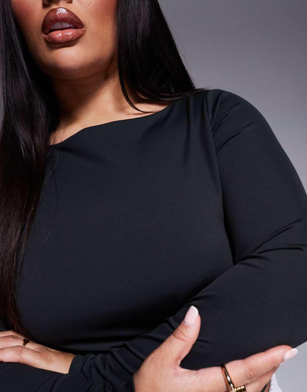 ASOS DESIGN Curve sculpting boat neck long sleeve top in black Product Image