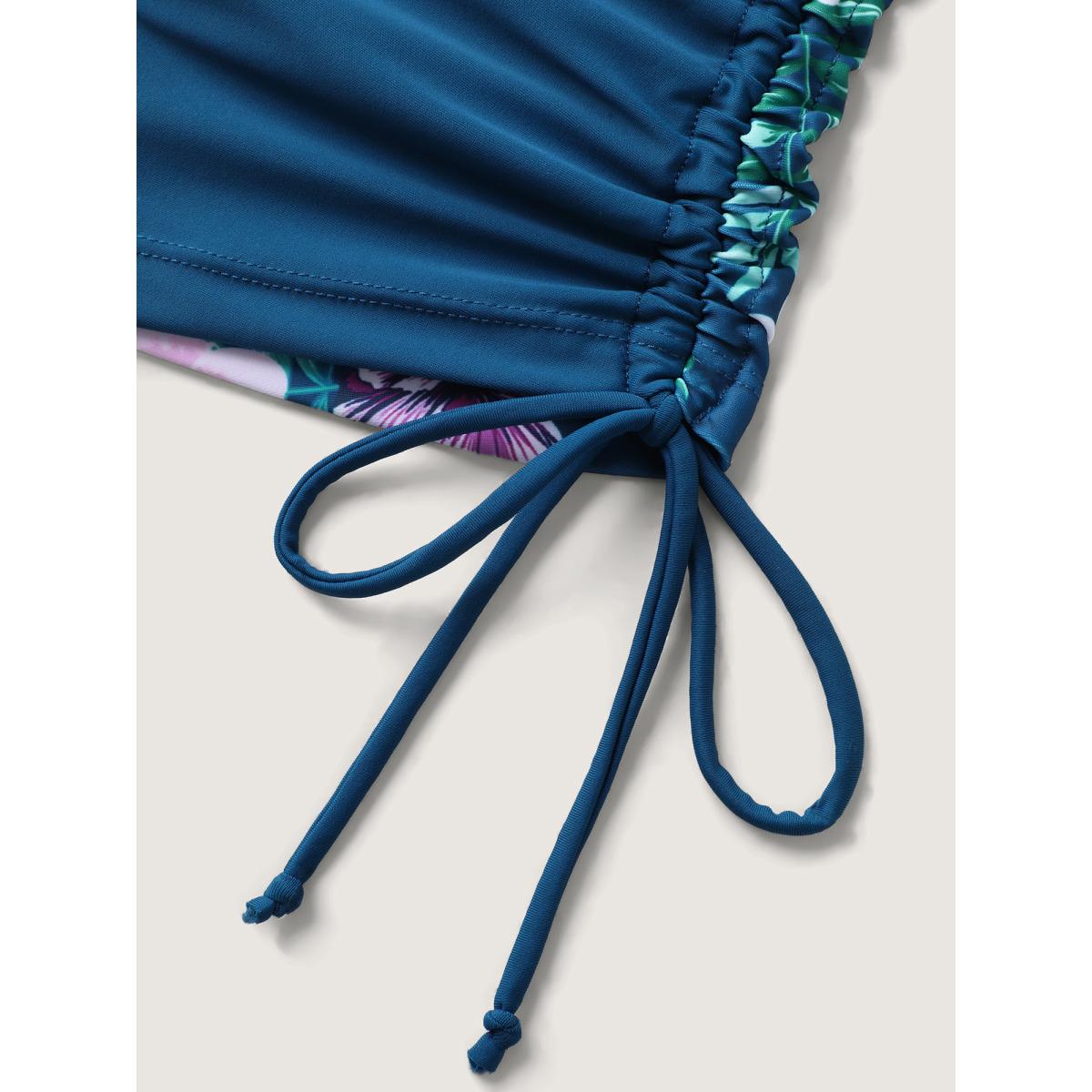 Plus Size Tropical Florals Side Drawstring Swim Top Women's Swimwear Aegean Resort High stretch Skinny U-neck Curve Swim Tops BloomChic 26/4X Product Image