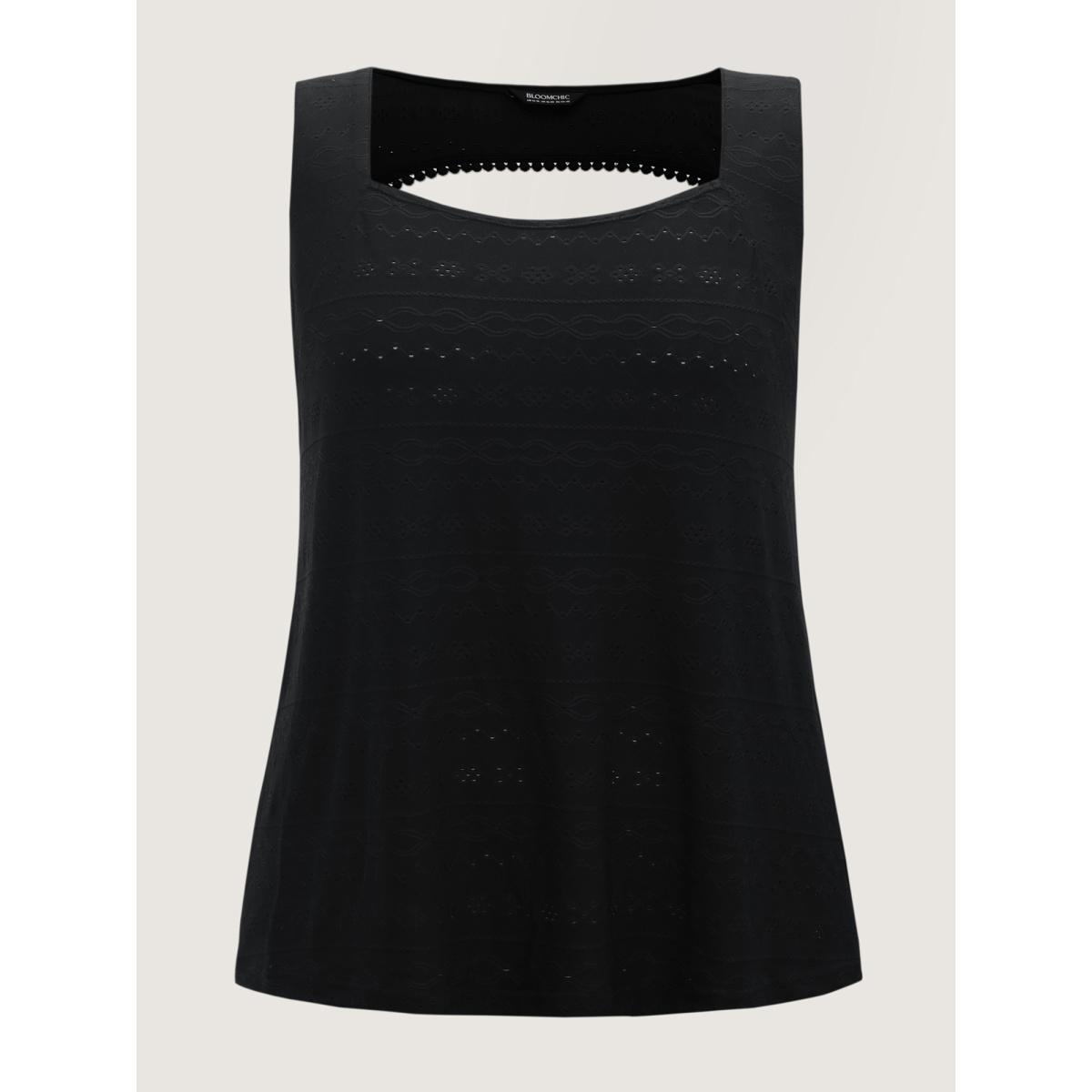 Plus Size Jacquard Eyelet Trim Backless Tank Top Women Black Woven ribbon&lace trim U-neck Everyday-Casual Tank Tops Camis BloomChic 12/L Product Image
