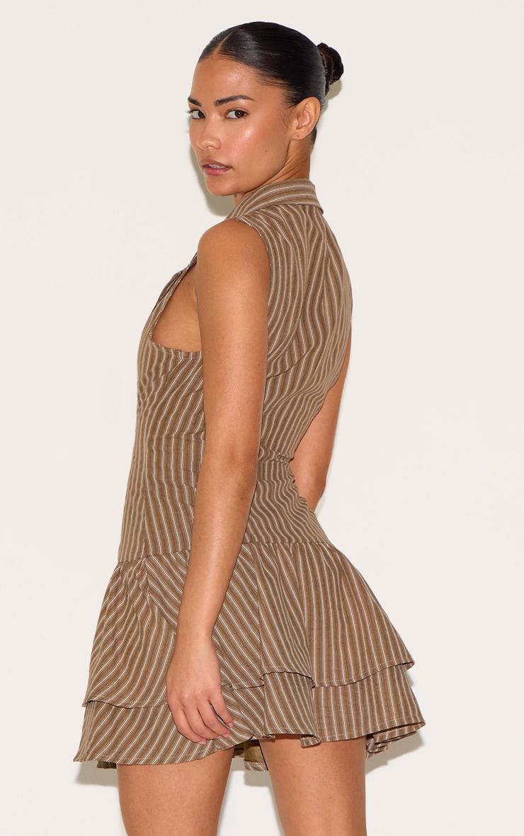Petite Taupe Striped Button Up Frill Dress Product Image