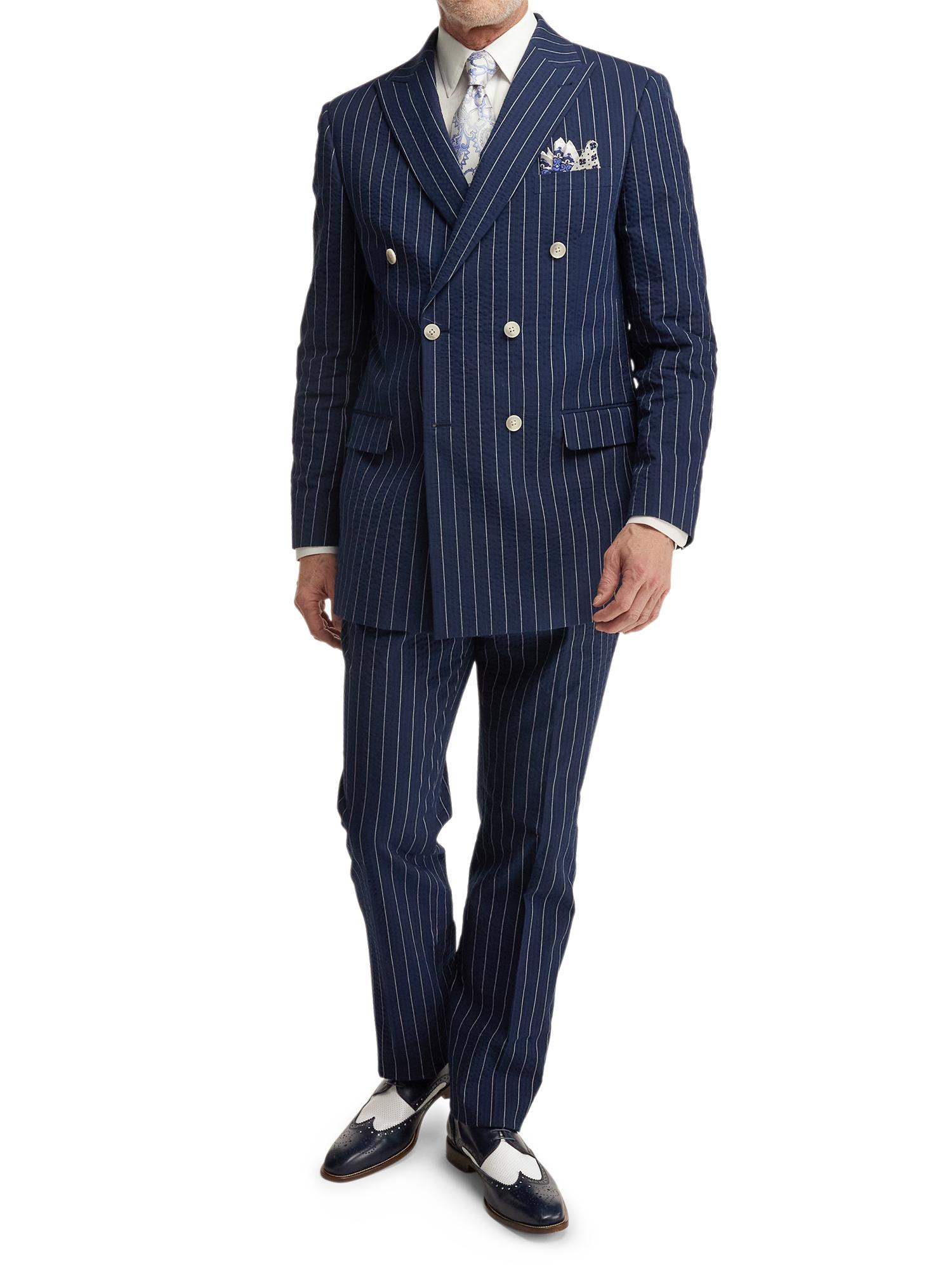 Cotton Stretch Pinstripe Peak Lapel Suit - Navy Product Image