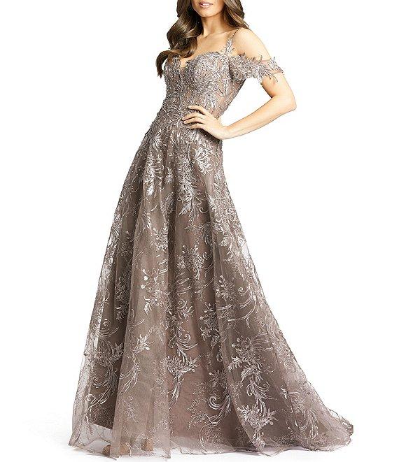 Mac Duggal Off The Shoulder Corset Waist Embroidered Mesh Aline Dress Product Image