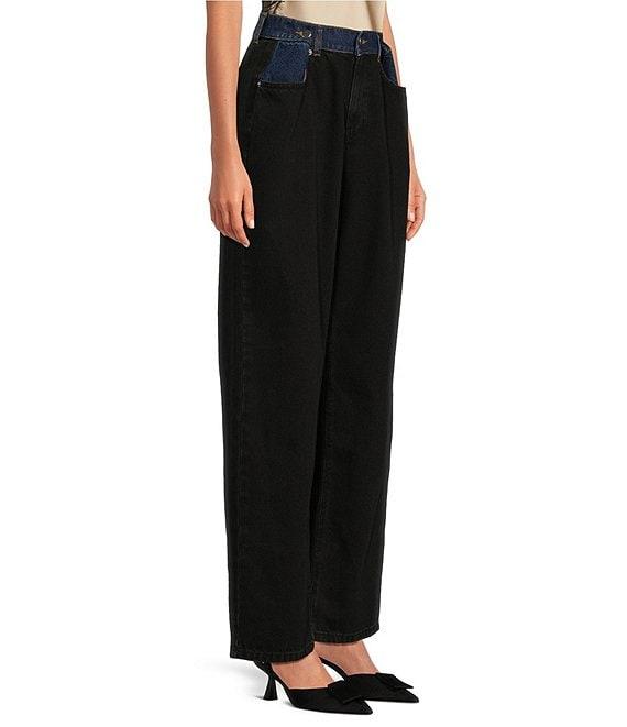 Gianni Bini Theo Denim Two Tone Contrast Buckle Waist High Rise Wide Leg Jeans Product Image