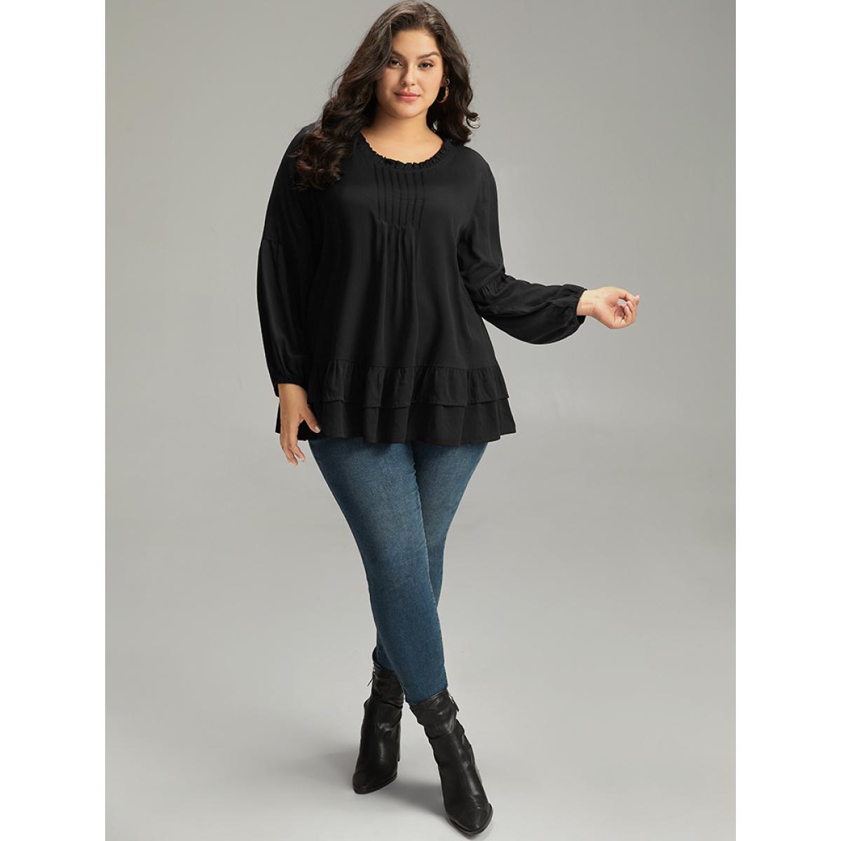 Plus Size Black Seam Detail Frill Trim Layered Blouse Women Elegant Long Sleeve Round Neck Dailywear Blouses BloomChic 10/M Product Image