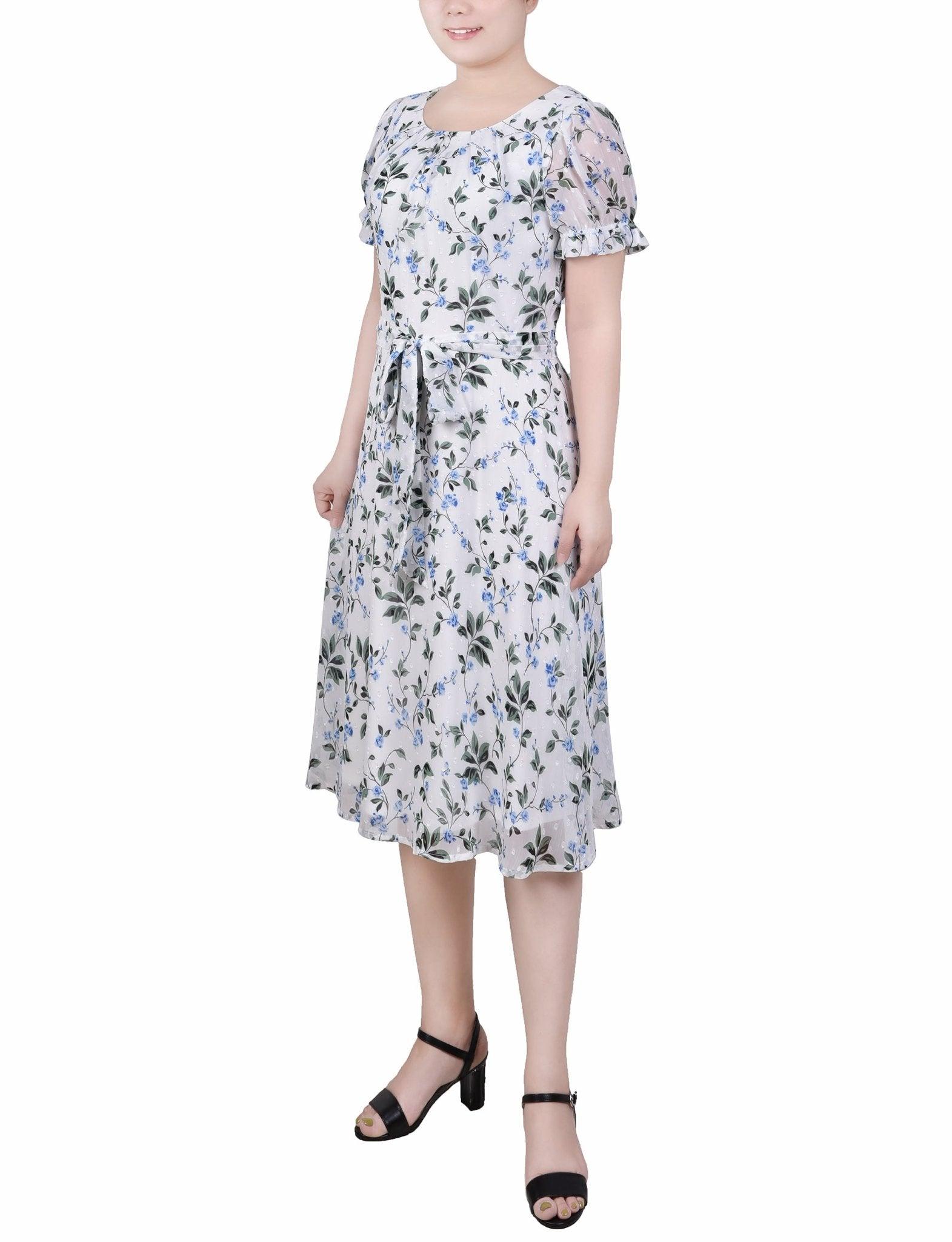 Ivory Blue Floral Short Sleeve Belted Swiss Dot Dress - Petite Product Image