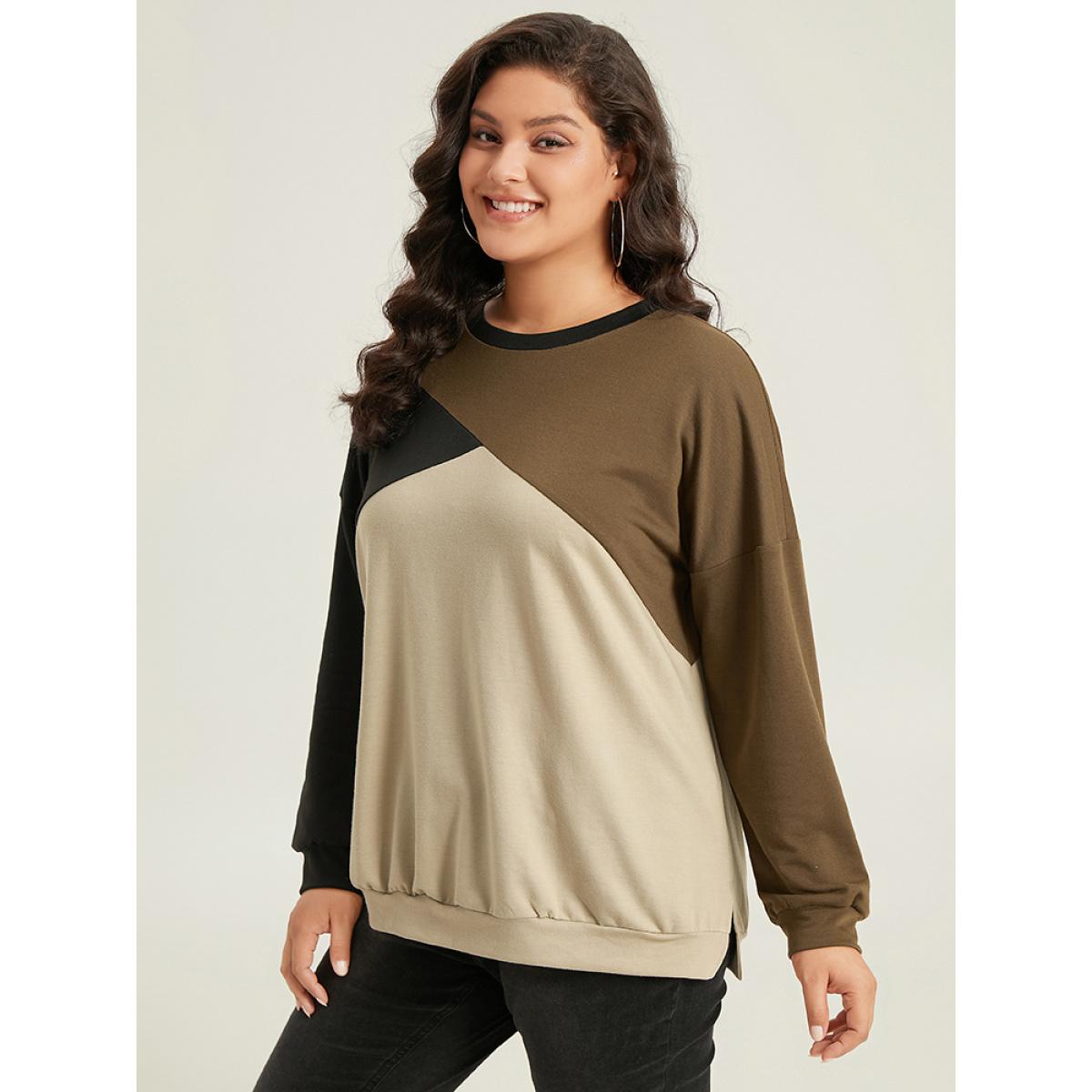 Plus Size Colorblock Patchwork Drop Shoulder Sweatshirt Women DarkBrown Casual Elastic cuffs Round Neck Dailywear Sweatshirts BloomChic 30/6X Product Image